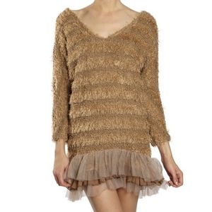 NWT Ryu Long V-neck Sweater w/ Tulle & Chiffon Ruffle Hem Dolman Sleeves